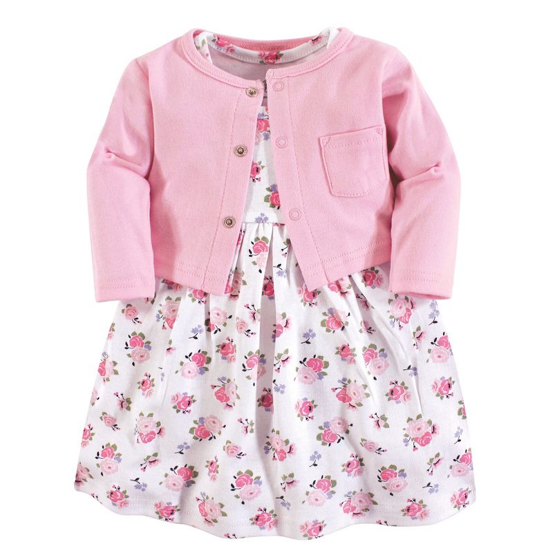 Luvable Friends Baby and Toddler Girl Dress and Cardigan 2pc Set, Pink Floral, 1 of 5
