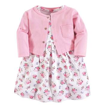 Luvable Friends Baby and Toddler Girl Dress and Cardigan 2pc Set, Pink Floral