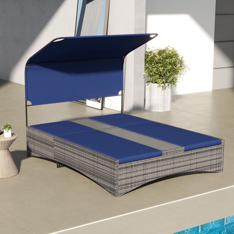 Outsunny 5-Position Reclining Cushioned PE Rattan Outdoor Double Chaise Lounge with Canopy, Dark Blue, 3 of 7