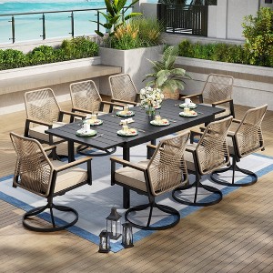 Captiva Designs 9pc Spacious Slat-top Rectangle Metal Table with Umbrella Hole & Beige Rattan Cushioned Chairs - 1 of 4