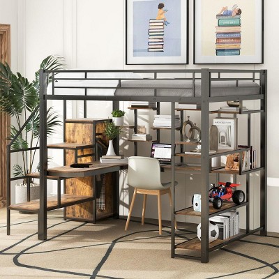 Streamdale Metal Loft Bed with Staircase, Wardrobe, Desk, & Shelves