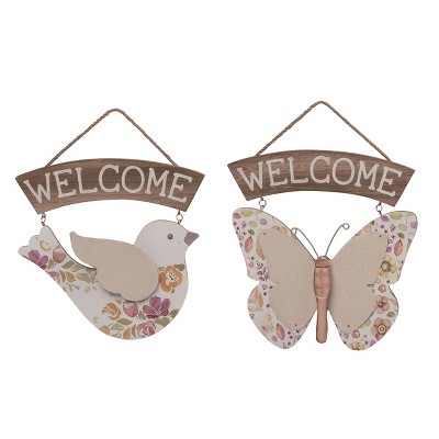 Transpac MDF Welcome Bird & Butterfly Decor Sign - Spring Wall Art for Home and Garden Decoration