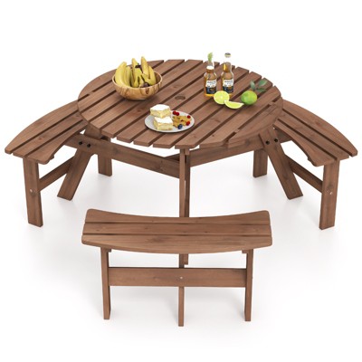 Tangkula 6-Person Round Picnic Table Set w/ 3 Built-in Benches 2" Umbrella Hole
