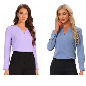 INSPIRE CHIC Women's Elegant Long Sleeve V Neck Work Office Blouse 2 Packs - 1 of 4