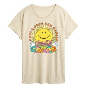 Women's - Coca-Cola - Have A Coke and Smile Retro Groovy Sun and Flowers Short Sleeve Graphic T-Shirt - 1 of 4