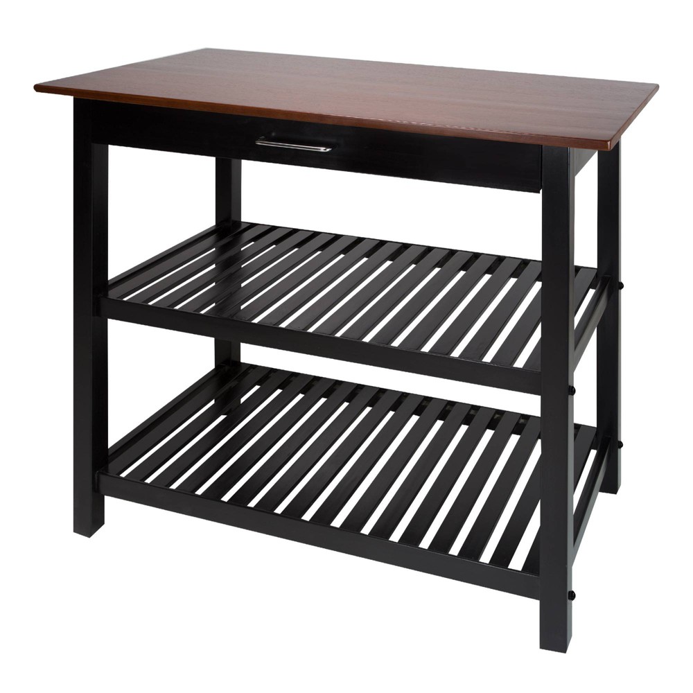 Kitchen Island with Two Shelves Walnut/Black - Flora Home: Solid Wood, Towel Bar, Storage Cart