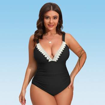 Women's Plus Size Lace V-Neck Shirred Tummy Control One-piece Swimsuit - Cupshe