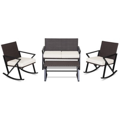 Tangkula Set of 4 Patio Rattan Wicker Rocking Chairs Loveseat Table Rocker Set Patio