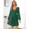 Coolmee Women's Dress Deep V-Neck Long Sleeve Waist Tie Ruffle Mini Swing Skater Dresses - 2 of 4