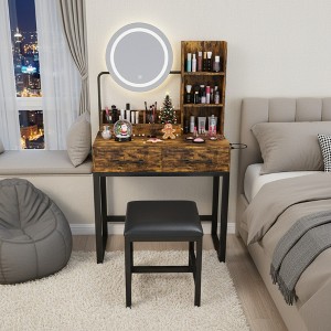 FONTOI 31.5"W Makeup Vanity Table with 2 Large Drawers Sturdy Metal Legs and Chair for Woman Bedroom Dressing Room, White/Brown - 1 of 4