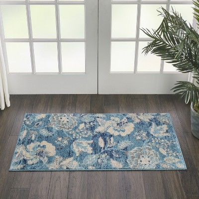 Handmade Turquoise Floral Rectangular Easy-Care Rug 2' x 4'