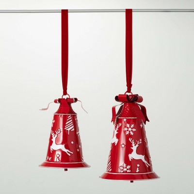 13"H & 15"H Sullivans Christmas Nordic Bell Ornament Set of 2  Red-White