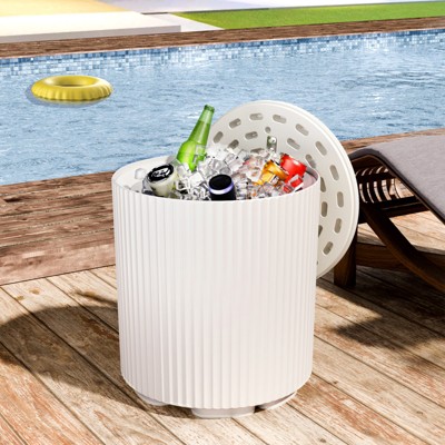 GlasFlength Large Capacity Patio End Tables, Ice Bucket with Lid, Portable Outdoor Drink Cooler Bar, Elegant Design, White, 14.76"x14.76"x16.65"