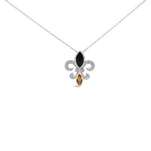 Haus of Brilliance Silver Onyx and Citrine and Diamond Accent Fleur De Lis Pendant Necklace - 1 of 4