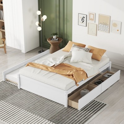 Full Size Wood Platform Bed With A Twin Trundle And 2 Drawers, White ...