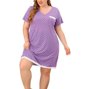 Women's Plus Size Pajamas Polka Dots Lace Trim V Neck Short Sleeve Lounge Midi Nightgowns with Pocket - Agnes Orinda - 1 of 4