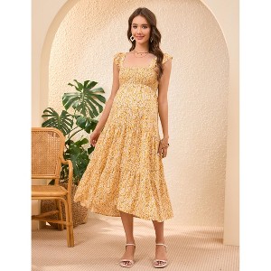 Maternity Dress Square Neck Sleeveless Smocked Ruffle Sleeve Baby Shower Photoshoot Summer Midi Dresses - 1 of 4