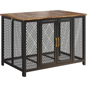 48" Furniture-Style Dog Crate, Heavy-Duty Metal/Wood Indoor Kennel with Top Opening & Double Doors, Rustic Brown Pet Crate End Table - 1 of 4