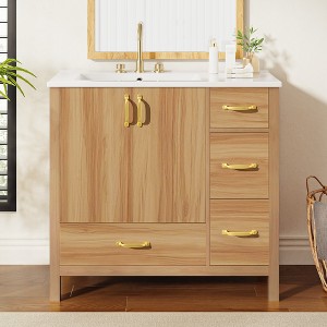 FAMYYT 36 in. Single Sink Freestanding Solid Wood Bath Vanity with White Ceramic Top, Adjustable Shelf, 4 Drawers - 1 of 4