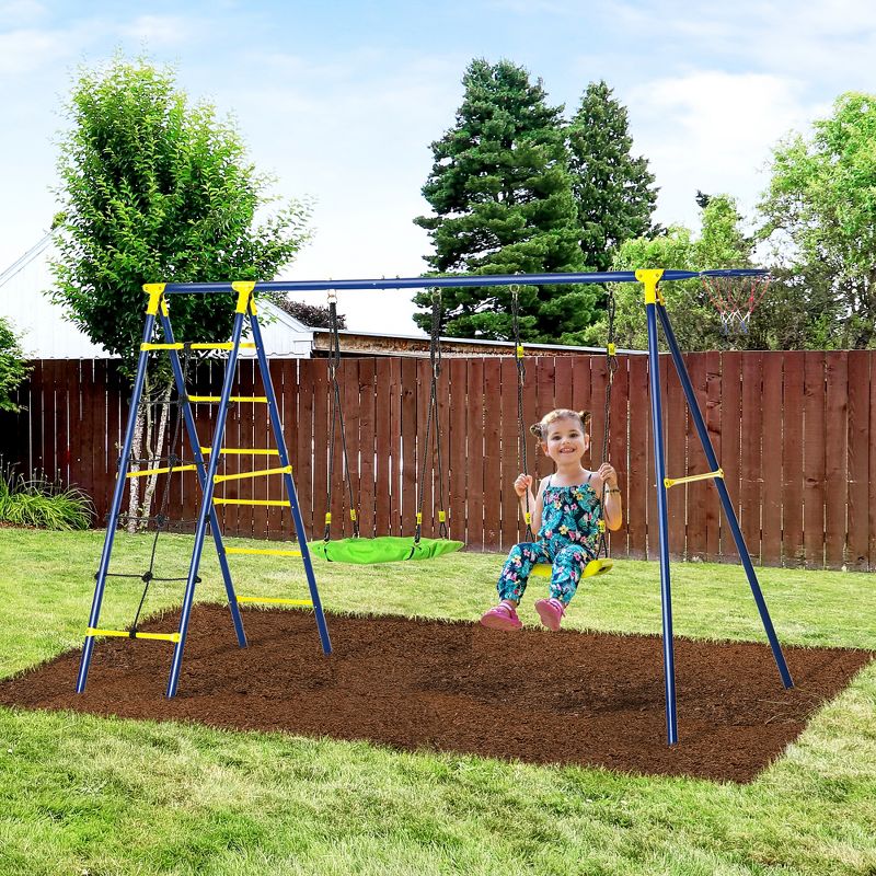 Outsunny Kids Metal Swing Set for Backyard, with Saucer Swing Adjustable Swing Seat, Basket Hoop, Climb Ladder, Net, Metal Stand, for 3-10 Years Old, 3 of 7