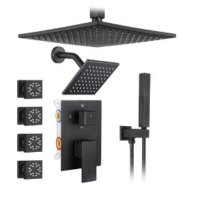 Itopfox Matte Black Shower System with 2-in-1 Handheld, Ceiling Mount Shower Head, Dual Modes Body Jets & Anti-Scalding Valve for Rainfall Experience - 1 of 4