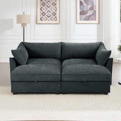 2-Seater Sectional Sofa with 2 Movable Footstools, Sofa with Pull-Out Storage Drawers, Upholstered Chenille Sofa with Cushion-Coolbibila