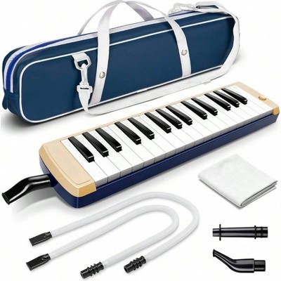Melodica 32 Keys Double Tubes Mouthpiece Air Piano Gift with Carrying Bag Beige Blue