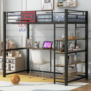 Twin Size Metal Loft Bed with Shelves, Desk and Basketball Hoop - 1 of 4