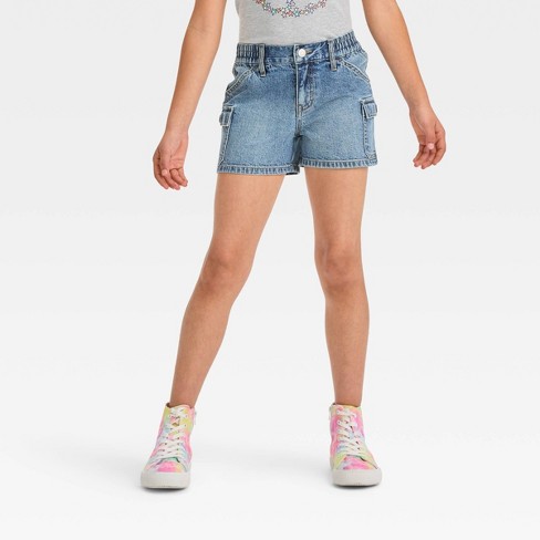 Girls' High-Rise Cargo Jean Shorts - Cat & Jack™ Dark Wash L