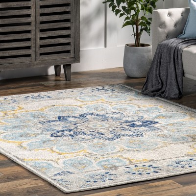 Blue Floral Synthetic 4' x 6' Rectangular Area Rug