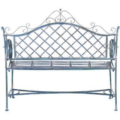 Antique Blue Wrought Iron Outdoor Garden Bench 45.75 Inch