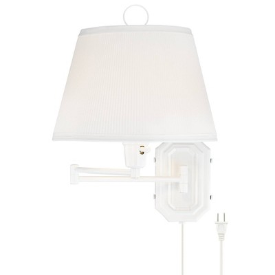 Barnes and Ivy Swing Arm Wall Lamp White Plug-In Light Fixture Pleated Tapered Drum Shade for Bedroom Bedside Living Room Reading