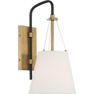 Possini Euro Design Mid Century Modern Wall Light Sconce Brass Black Hardwired 8" Fixture White Linen Shade for Bedroom Living Room - 1 of 4