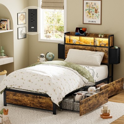 WOWLIVE Twin/Queen/Full/King Size Bed Frame with Storage Headboard, Platform Bed with Underbed Drawers & Charging Station