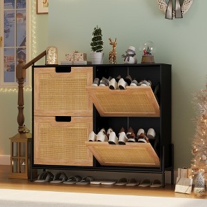 Shoe Cabinet Storage for Entryway, Rattan Shoe Cabinet with 4 Flip Drawers, Freestanding Shoe Storage Organizer - 1 of 4