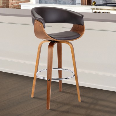 Mid-Century Modern 24" Swivel Barstool in Walnut and Brown Leather