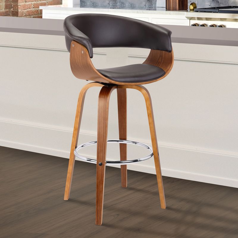 30" Julyssa Mid-Century Swivel Bar Height Barstool in Brown Faux Leather with Walnut Wood - Armen Living, 3 of 9