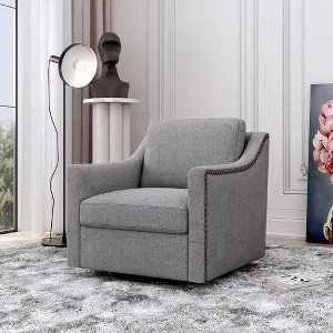 Zeus & Ruta 360° Swivel Armchair with Brass Nail Decor, Cotton Linen Skin-Friendly Fabric, Ergonomic Design for Indoor Living/Bedroom - 1 of 4