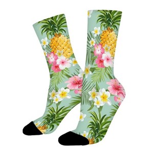 Pineapple And Hawaiian Flowers Women Printed Crew Socks Funny Funky Socks Soft Polyester Novelty Gifts for Artists Men - 1 of 1