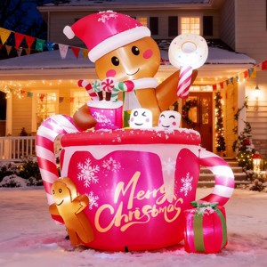 HOMDOX Christmas Inflatable Decoration 4.9 × 3.6 × 6 ft Christmas Inflatable Gingerbread Man in Candy Mug with Built-in LED Lights for In/Outdoor - 1 of 4