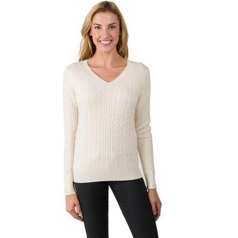 J CASHMERE Women's 100% Cashmere Cable-knit Long Sleeve Pullover V Neck  Sweater (7009, Cream, X-Large )