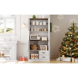 Freestanding storage cabinet, 70.9 inches, with 2 drawers and open shelves, with barn door and microwave bracket, suitable for dining room - 1 of 4