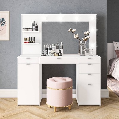 Olivia White Engineered Wood Vanity Table with Lighted Mirror