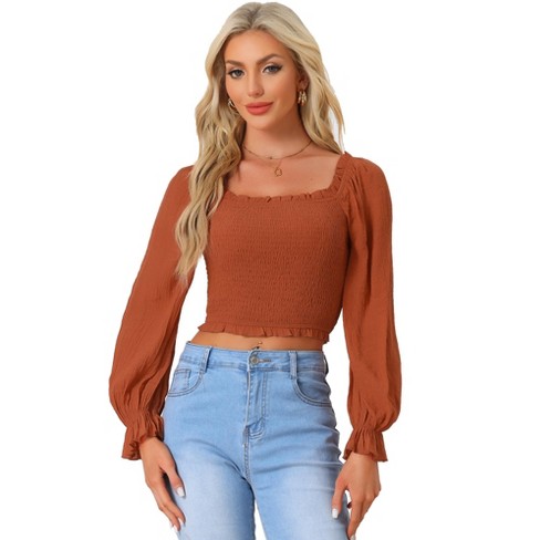 Allegra K Women's Smocked Long Puff Sleeves Ruffle Square Neck Casual