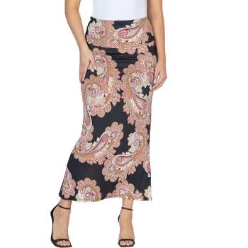 24seven Comfort Apparel Womens Black Paisley Print Foldover Maxi Skirt