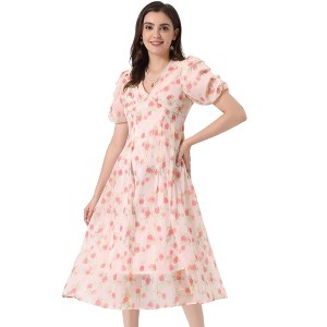 Allegra K Women's Floral Print Short Sleeve Cinched Waist Long Dresses - 1 of 4