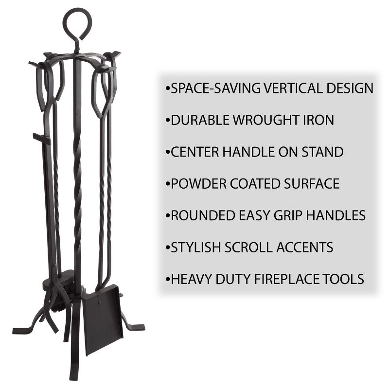 5-Piece Fireplace Tool Set - Holds Wrought Iron Wood-Burning Tools - Includes Heavy-Duty Stand, Shovel, Broom, Tongs, and Poker by Lavish Home (Black), 3 of 7