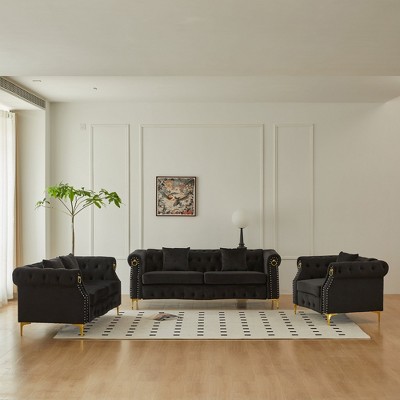 3 Piece Living Room Set, Mid-Century Style Sofa,Button Tufted Armchair Loveseat Couch with Square Pillows and Nailhead Trim for Living Room