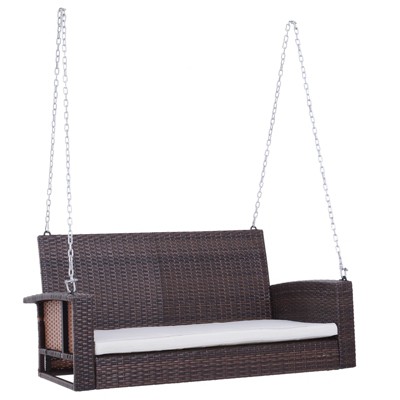 Brown Wicker 2-Person Outdoor Hanging Swing Bench with Cushions
