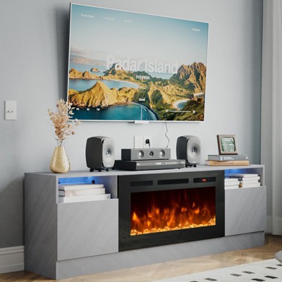 AOXUN 70" Wood Texture Fireplace TV Stand with 36" Electric Fireplace, LED Light Entertainment Center, Storage Cabinet for TVs Up to 80", Grey